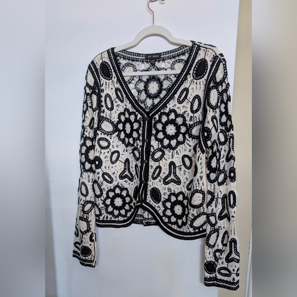 QED London Sweaters - QED London Black and Cream Patterned Crochet Cardigan Size XS